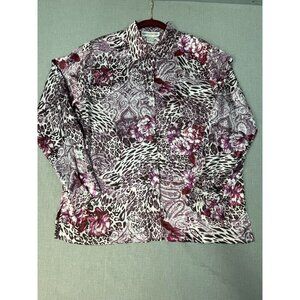 Cathy Daniels Women's Medium Purple Floral Abstract Button Long Sleeve Shirt